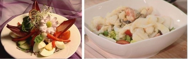 (z lewej) Sałatka  z tuńczyka, (z prawej) sałatka z owocami morza.