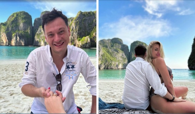 Karolina Pajączkowska i Marcin Nowak to dziennikarze TVP. Poznali się w pracy. Zakochali się w pracy. Zaręczyli się w Tajlandii na Maya Bay, w miejscu znanym z filmu "Niebiańska plaża". Było niezwykle romantycznie - zobaczcie zdjęcia na kolejnych slajdach naszej galerii.