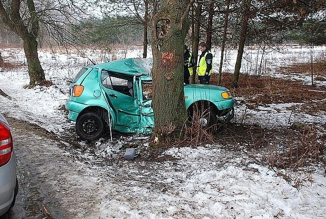 Samochód z ogromną siłą uderzył w przydrożne drzewo