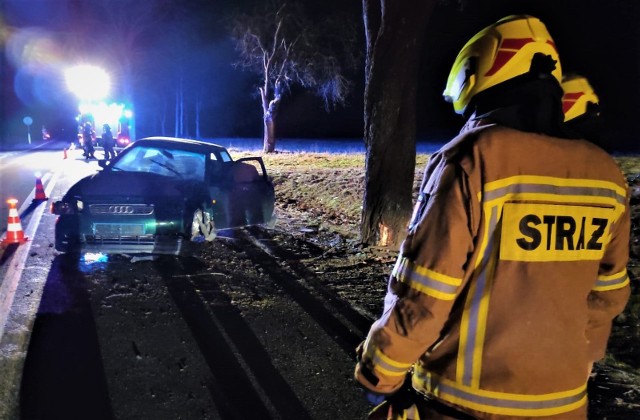 Wypadek na krajowej 20 w Tuchomiu w powiecie bytowskim. Kierowca audi uderzył w drzewo. Jedna osoba trafiła do szpitala.