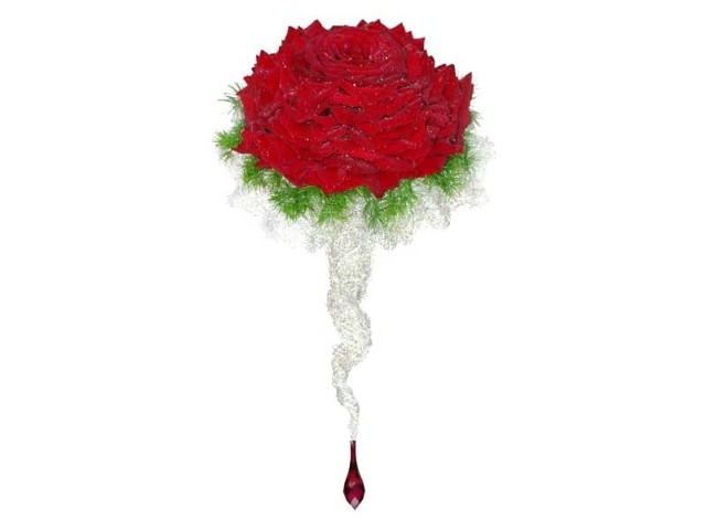 Róża kameliowa wykonana z pojedynczych płatków róży Red Naomi, osadzona w konstrukcji ręcznie wykonanej ze srebrnego drutu bulionowego, zakończonej wisiorem szklanym.