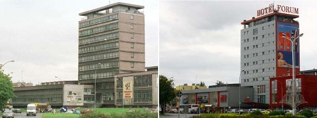 Tak wyglądał budynek Rzeszowskich Zakładów Graficznych przed przekształceniami własnościowymi (z lewej). Dziś w rozbudowanym kompleksie działa hotel i galeria handlowa.