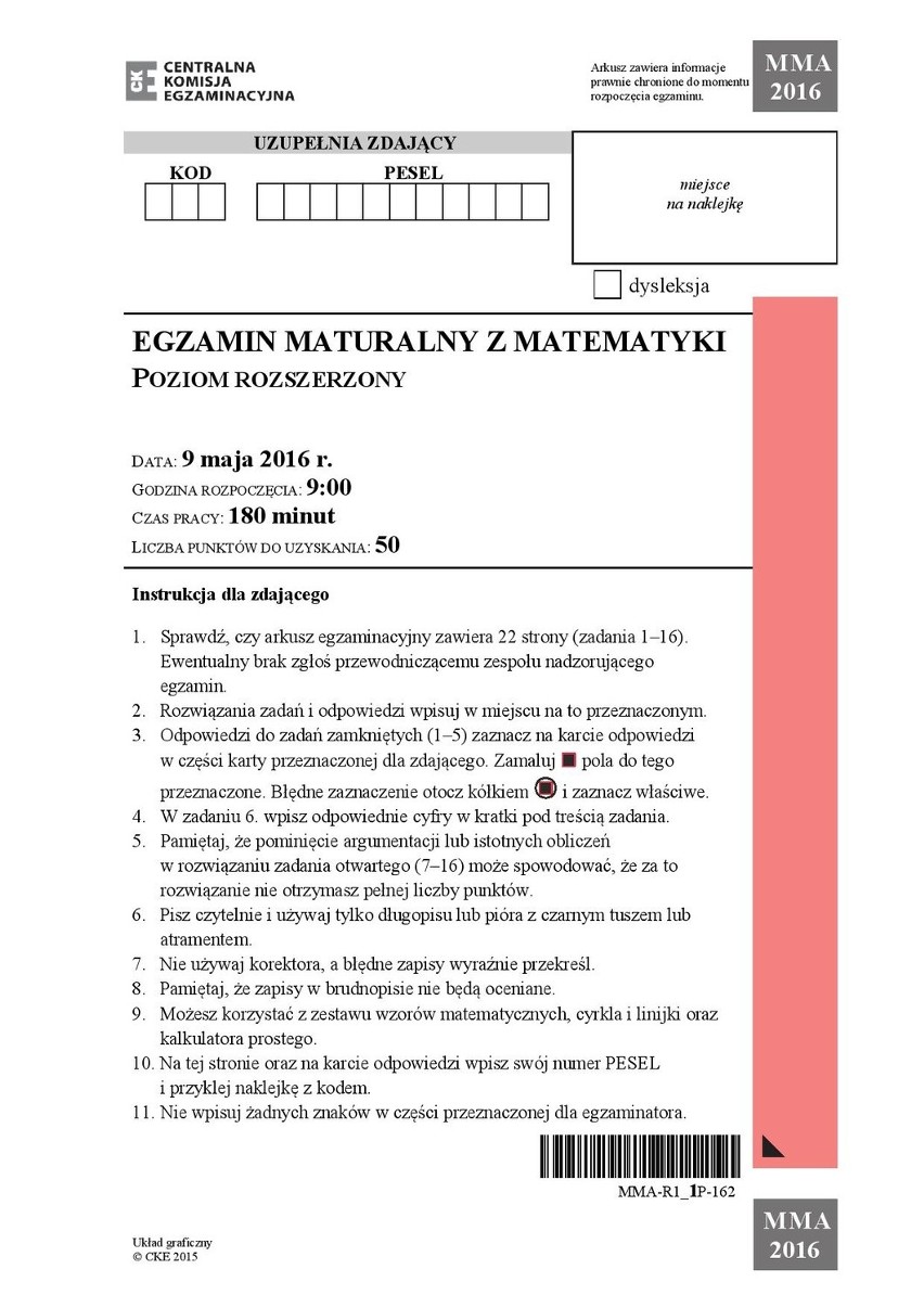 Matura z matematyki 2016, poziom rozszerzony