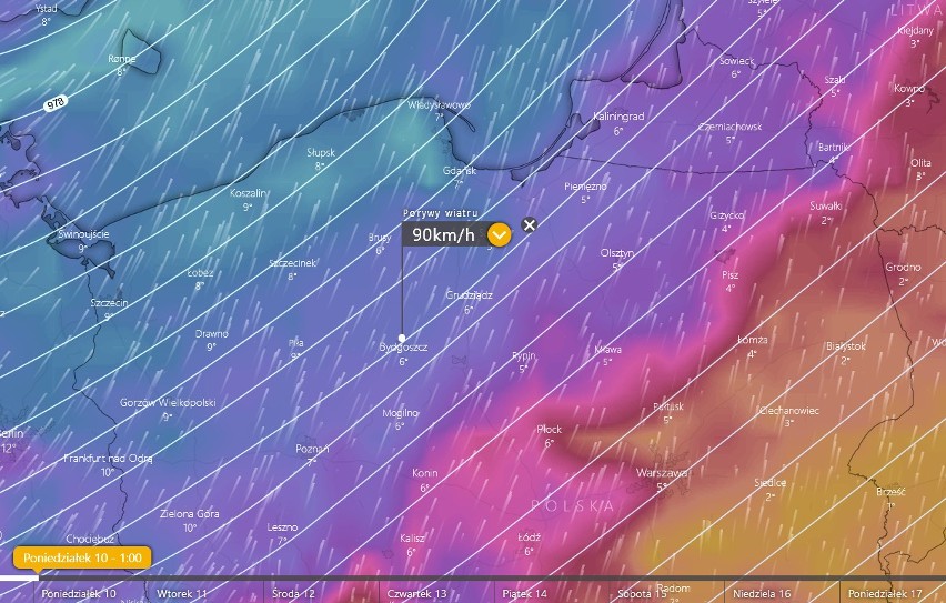 Prognozowana siła porywów wiatru w okolicach Bydgoszczy,...