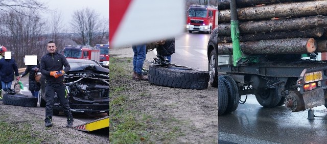 Miastko. Z naczepy ciężarówki urwały się koła. Jedno uderzyło w mercedesa