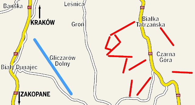 Niebieska linia na mapie to lokalizacja planowanego wyciągu. Kolor czerwony to istniejące już stoki