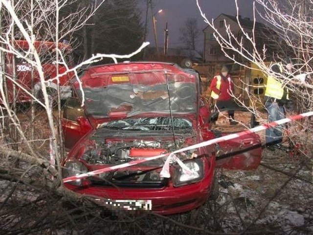 Honda zakończyła podróż w krzakach. Jej kierowcę z wraku auta wydobyli strażacy.