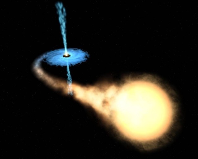Siły pływowe, występujące w polu grawitacyjnym czarnej dziury, rozciągają pochłanianą gwiazdę do postaci przypominającej niezwykle długą nitkę spaghetti