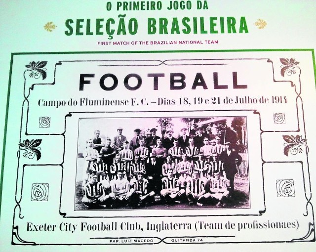 Oryginalny plakat z pierwszego meczu Brazylii z Exeter umieszczony w sali trofeów Fluminense