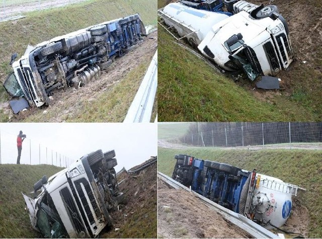 Dzisiaj rano, samochód ciężarowy - cysterna złapał pobocze i wpadł do rowu na obwodnicy.