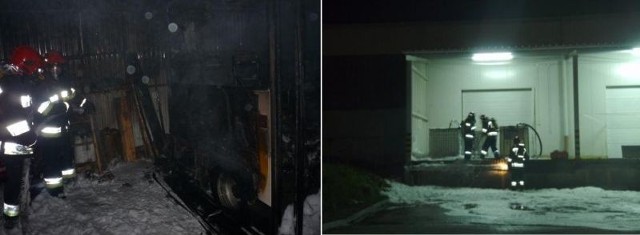 (Z lewej) Płonące pojazdy dogaszono około godziny 22. (Z prawej) Wyciek łatwopalnej substancji miał miejsce w jednej ze starachowickich firm.