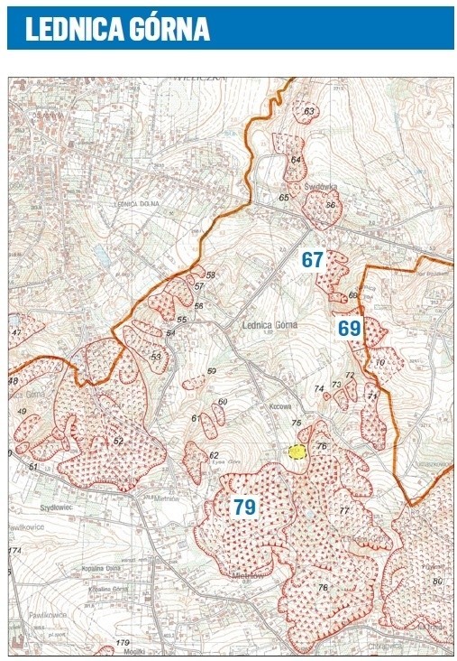 Aktywne osuwiska znajdują się głównie na obszarach oznaczonych nr: 79 (tzw. Łysa Góra) oraz 67 i 69 („Winnica”). Tereny zaznaczone na czerwono to osuwiska, które obecnie nie są aktywne.