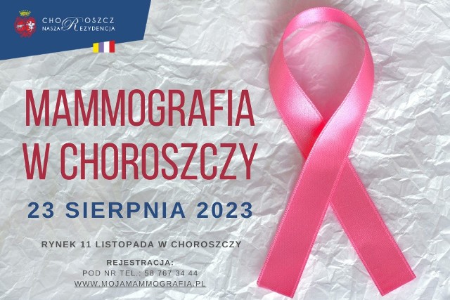 Burmistrz Choroszczy wraz ze Stowarzyszeniem „Moja Mammografia” zaprasza do Choroszczy kobiety w wieku 50-69 lat na bezpłatne badania mammograficzne.