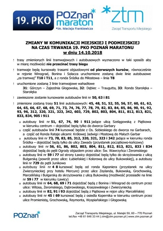 Maraton w Poznaniu 2018: Zmiany w komunikacji miejskiej