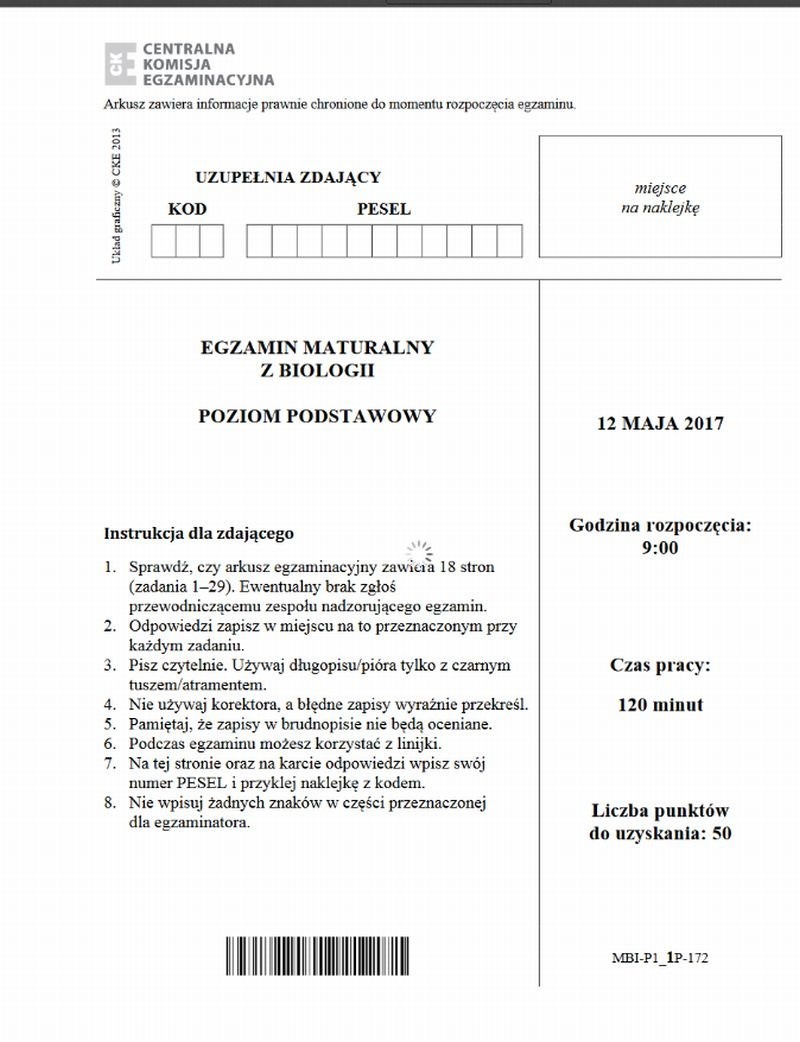 MATURA BIOLOGIA 2017. MATURA BIOLOGIA ODPOWIEDZI ARKUSZE