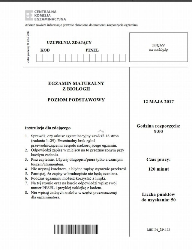 MATURA BIOLOGIA 2017. MATURA BIOLOGIA ODPOWIEDZI ARKUSZE