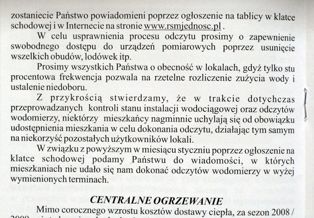 Oto treść komunikatu skierowanego do mieszkańców dwóch bloków przy ulicy Wojska Polskiego