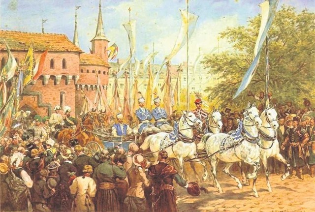 Na fotografii obraz Juliusza Kossaka: Wjazd cesarza Franciszka Józefa do Krakowa w 1880 r.