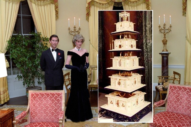 Książę Karol, księżna Diana i tort z ich ślubu. Kawałek został wystawiony na licytację