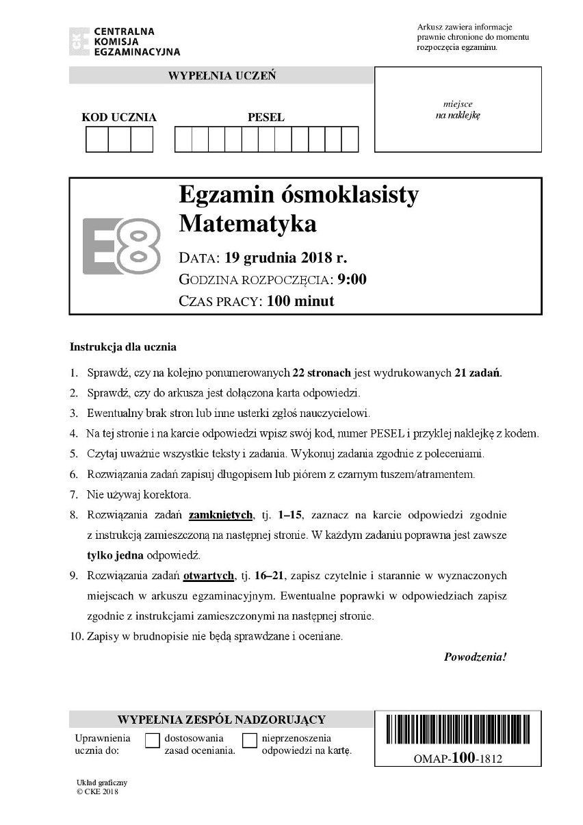 Próbny egzamin ósmoklasisty 2019: Matematyka [ODPOWIEDZI, ARKUSZE, ZADANIA] Egzamin  8-klasisty z matematyki - 19 grudnia 2018 r. | Nowości Dziennik Toruński