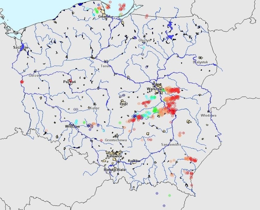 Mapa wyładowań atmosferycznych z godz. 14.45