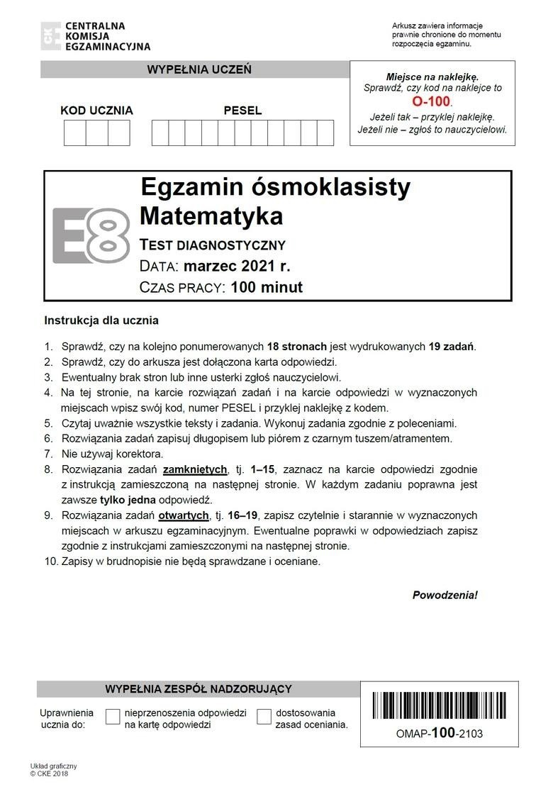 Próbny egzamin ósmoklasisty 2021 Arkusz z matematyki....