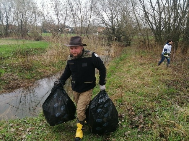 Po zimie wokół rzeki Koprzywianki zalegają śmieci. Na zdjęciu Krzysztof Pitra, dyrektor Miejsko Gminnego Ośrodka Kultury i Sportu w Koprzywnicy z odpadami podczas poprzednich akcji. 