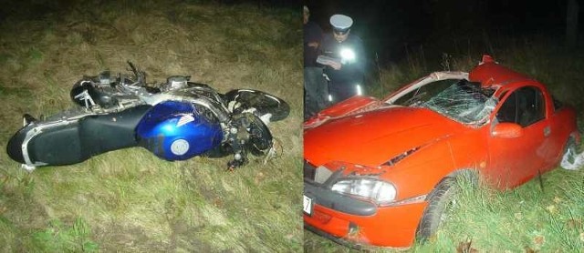 Kierowcę motocykla przewieziono do szpitala/Opel po uderzeniu w siewnik wylądował w rowie.