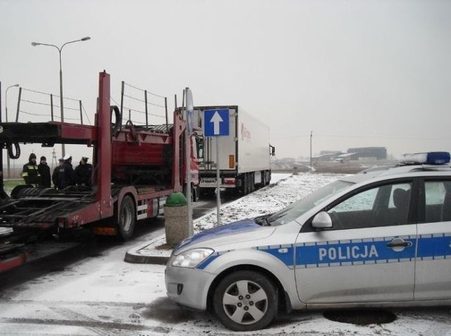 Policjanci prowadzą kontrole samochodów ciężarowych