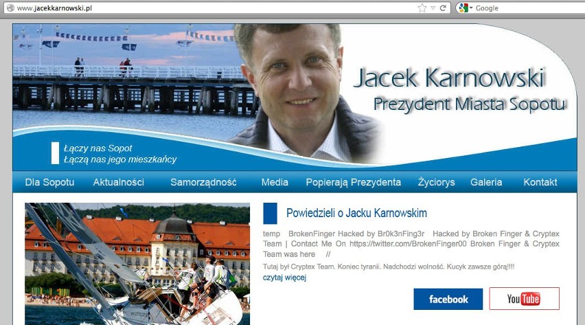 Print screeny strony Jacka Karnowskiego, zaatakowanej przez...