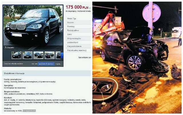 Kompletnie rozbite terenowe bmw x5, które roztrzaskało się na słupie przy ul. Zgierskiej w Łodzi, zostało wystawione na aukcji internetowej. Samochód jako BEZWYPADKOWY oferował wówczas jeden z komisów samochodowych. Auto, wówczas 3-letnie, kosztowało 175 tys. zł. Sprawdziliśmy i nie ma najmniejszych wątpliwości, że na prezentowanych przez nas na zdjęciach z wypadku i z aukcji jest to samo auto o numerze VIN (numer identyfikacyjny pojazdu): WBAZW61000L562676.Czytaj, zobacz zdjęcia na kolejnych slajdach 