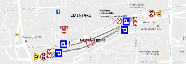 Miejsca parkingowe przy cmentarzu przy ulicy Wybickiego zostaną wyznaczone na wyłączonych z ruchu fragmentach jezdni trasy średnicowej. Obowiązywać tu będzie parkowanie skośne