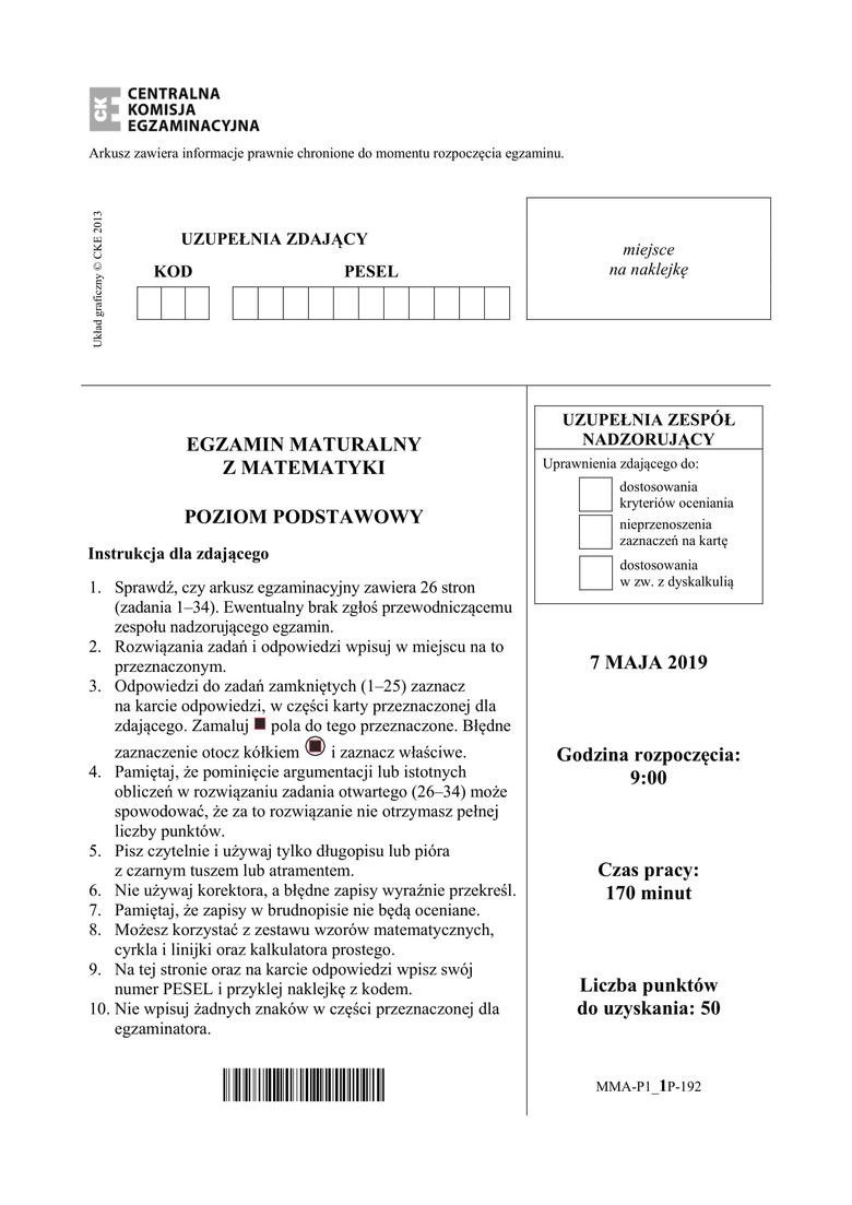 Matura 2019. Matematyka poziom podstawowy - arkusz CKE,...