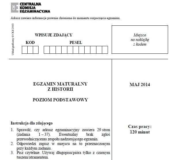 MATURA 2014 - HISTORIA (P. PODSTAWOWY) - ARKUSZ CKE, ZADANIA, ODPOWIEDZI