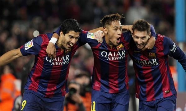 Messi, Neymar i Suarez po golu tego pierwszego w meczu przeciwko Atletico