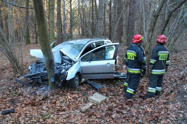 Samochód z nieustalonych przyczyn wypadł z drogi, wjechał do lasu i roztrzaskał się na drzewie.