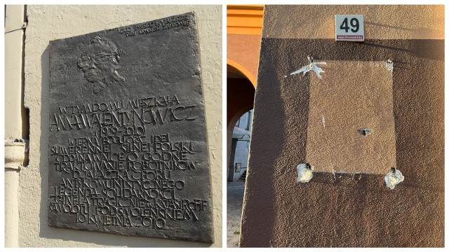 Skandaliczne zniszczenie pamięci śp. Anny Walentynowicz w Gdańsku. Była to pamiątkowa tablica w miejscu jej zamieszkania