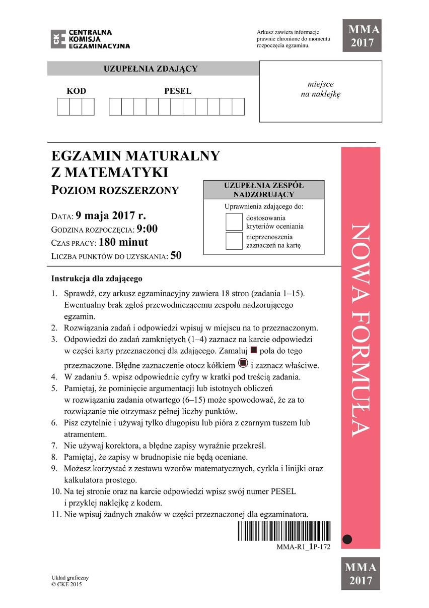 Matura 2017. MATEMATYKA rozszerzona (ARKUSZE Z ZADANIAMI, ODPOWIEDZI, ROZWIĄZANIA)