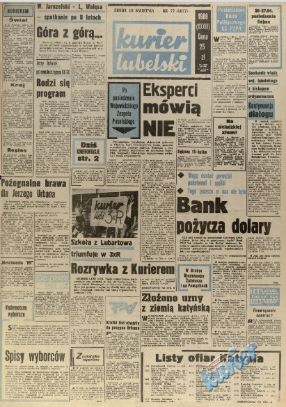 Pierwsza strona Kuriera Lubelskiego z 19 kwietnia 1989 r.