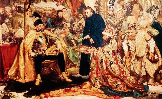 Fragment obrazu „Batory pod Pskowem”. Do króla przybyło poselstwo cara Iwana IV Groźnego z prośbą o pokój