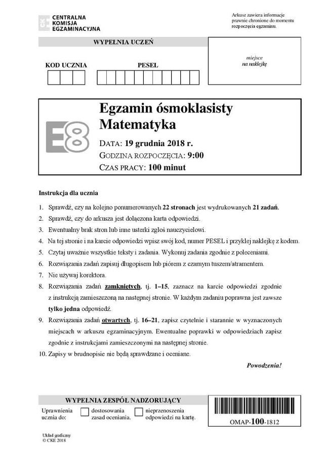 Próbny Egzamin Ósmoklasisty 2018. MATEMATYKA - arkusze zadań i klucz odpowiedzi