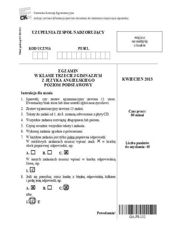 EGZAMIN GIMNAZJALNY 2013: angielski [TEST, ARKUSZ dla upośledzonych, ODPOWIEDZI wkrótce]