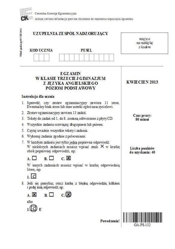 EGZAMIN GIMNAZJALNY 2013: angielski [TEST, ARKUSZ dla upośledzonych