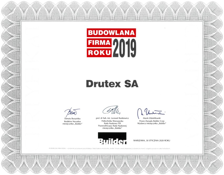 Drutex z tytułem Budowlanej Firmy 2019 Roku! Miesięcznik Builder po raz kolejny nagrodził bytowską firmę