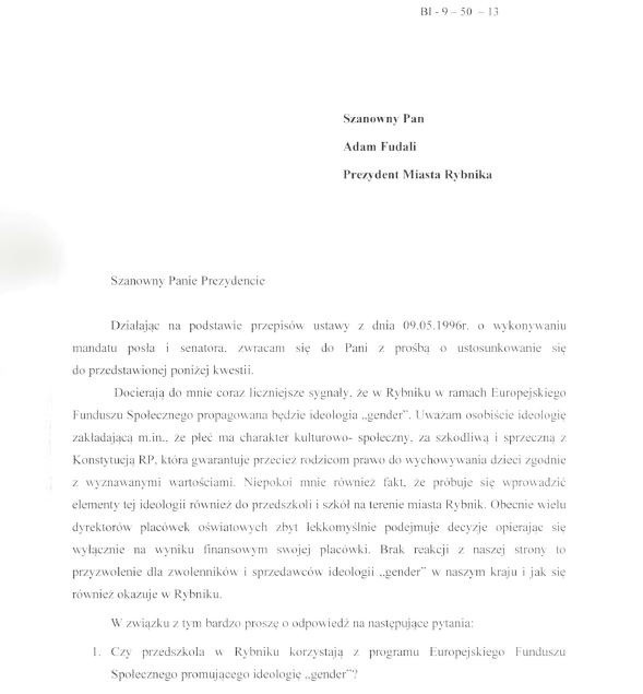 List posła Grzegorza Janika do prezydenta Rybnika Adama Fudalego