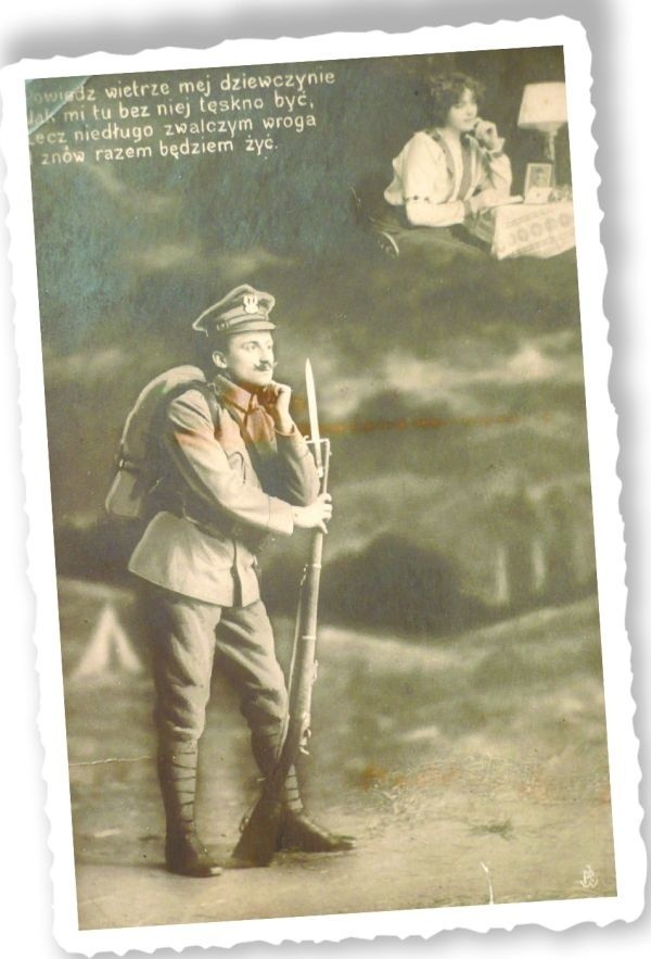 Piękna pocztówka z 1919 roku. Dumny żołnierz i zmysłowa dziewczyna..