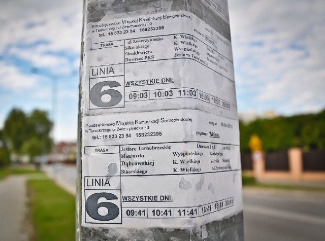 Rozkład jazdy Miejskiej Komunikacji Samochodowej w Tarnobrzegu na... słupie oświetleniowym przy ulicy Wiejskiej.