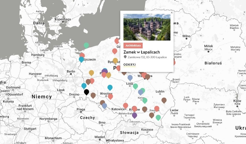 Pomorskie atrakcje turystyczne na interaktywnej mapie National Geographic. Wyróżniono zamek w Łapalicach i most w Tczewie