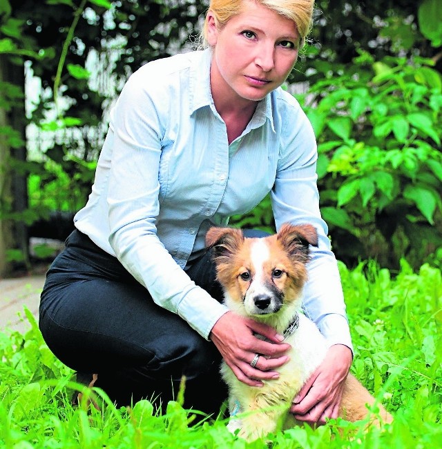 Katarzyna Grzyb-Materzok ze szczeniakiem, który został wyrzucony z okna. Pies był prawdopodobnie bity