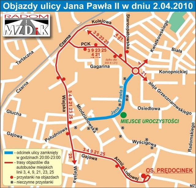 Objazdy ulicy Jana Pawła II w dniu 2.04.2010.